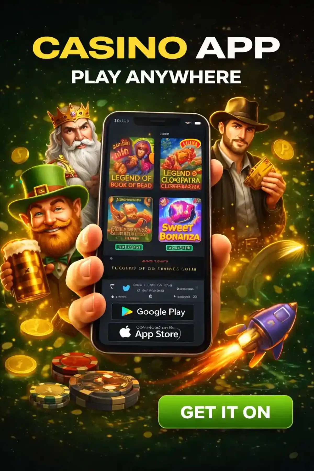 King, leprechaun, man with phone showing casino games