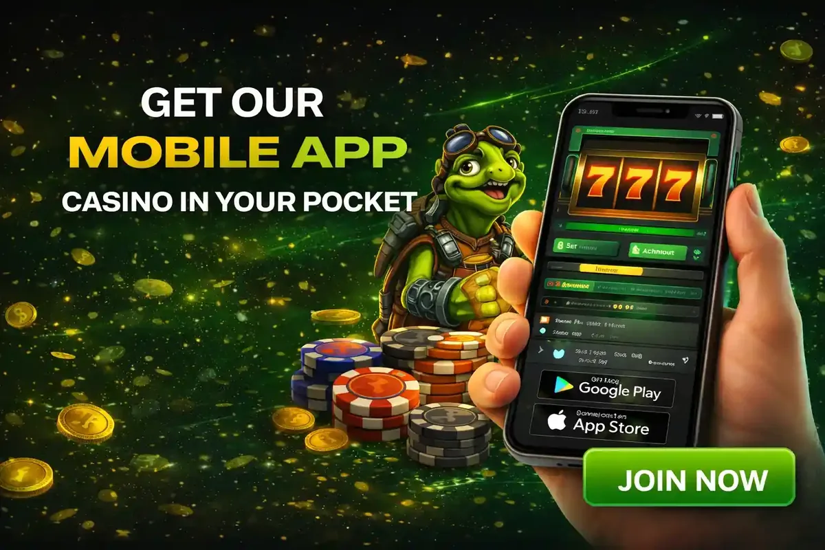 Green turtle with mobile phone advertising casino app