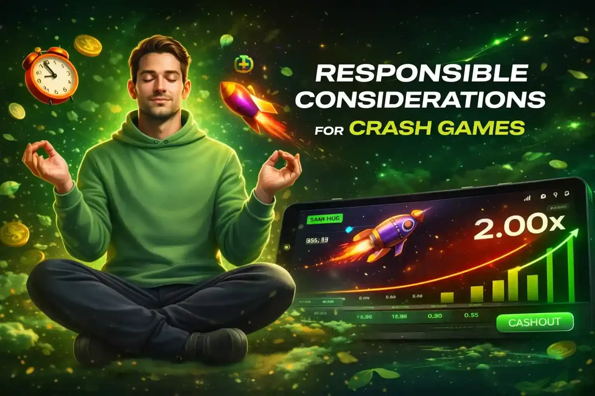 Man meditating for responsible gaming with a crash game on a phone
