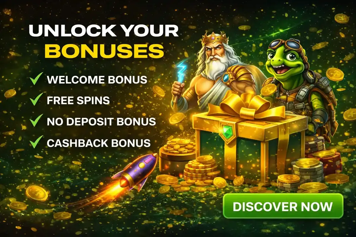 Zeus and turtle with a gift box showing various casino bonuses