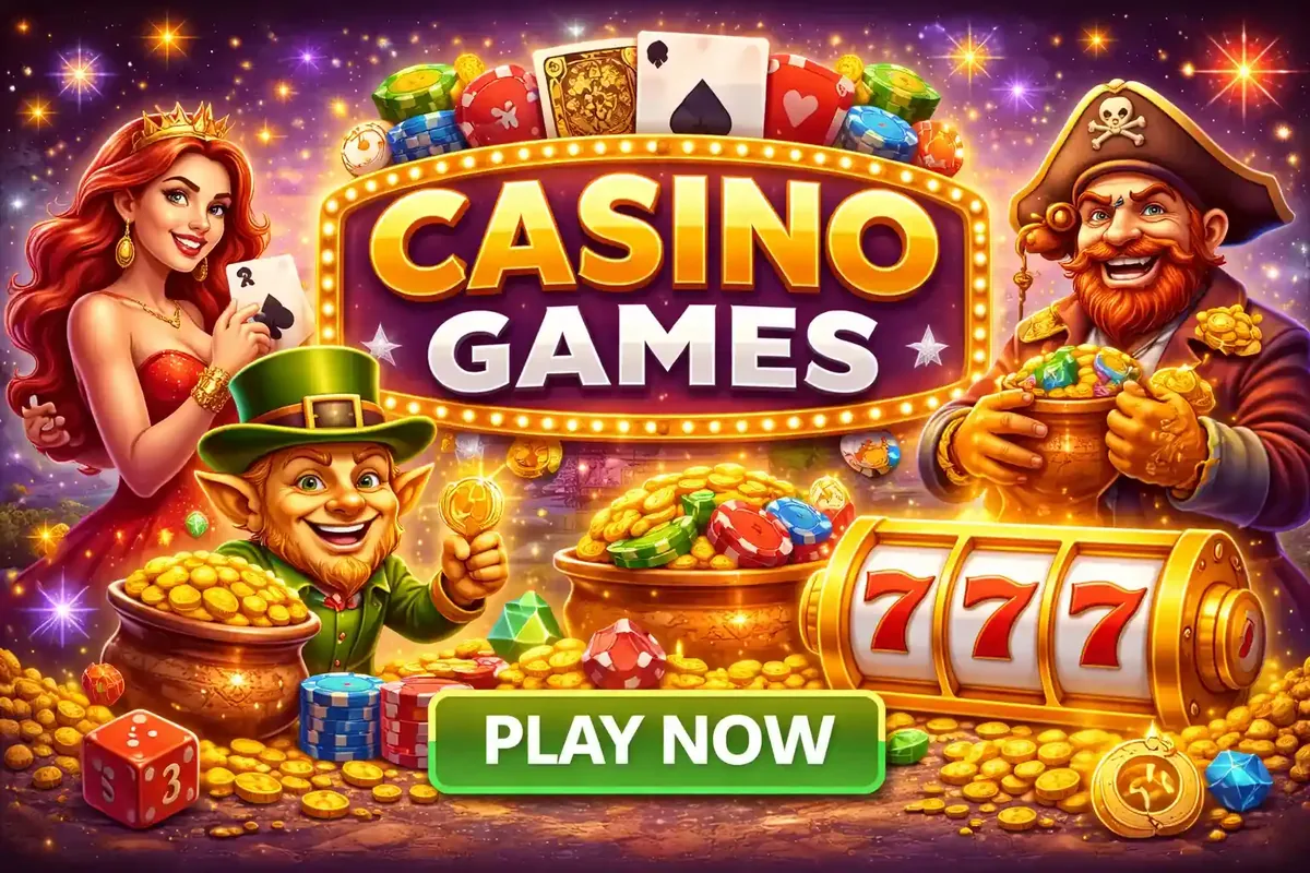 Queen, leprechaun, and pirate surrounded by casino chips and gold coins