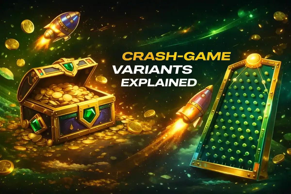 Treasure chest, rocket, plinko board explaining crash game variants