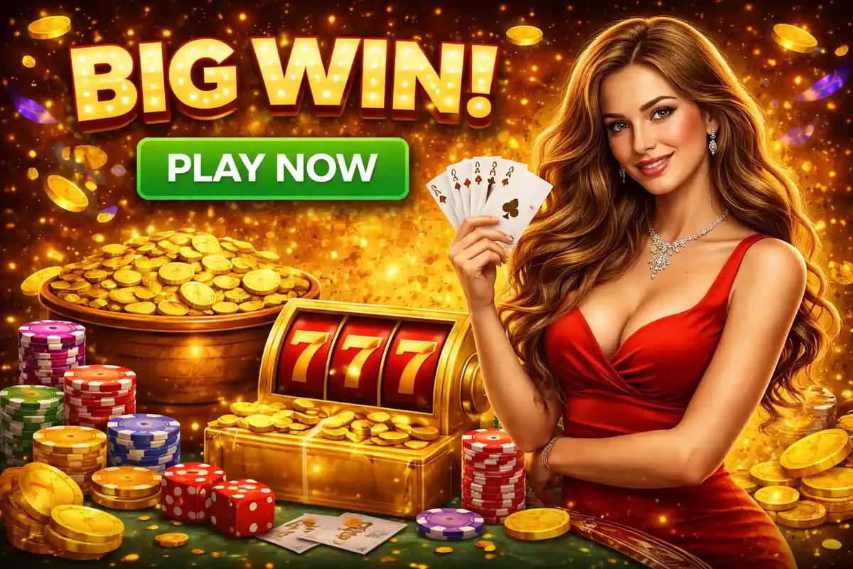 Elegant woman celebrating big win with casino chips and slot machine