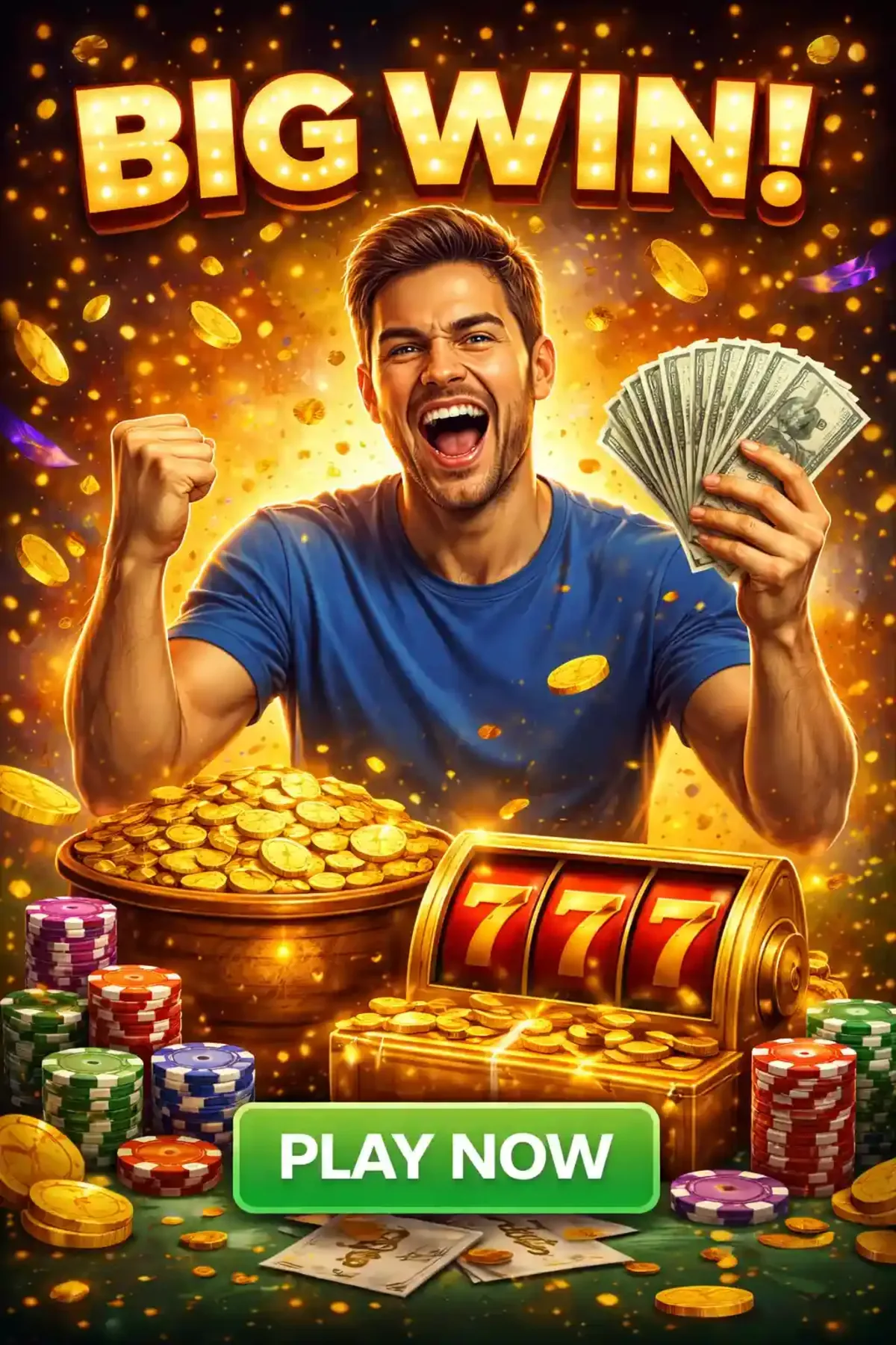 Enthusiastic man celebrating big win with money and slot machine