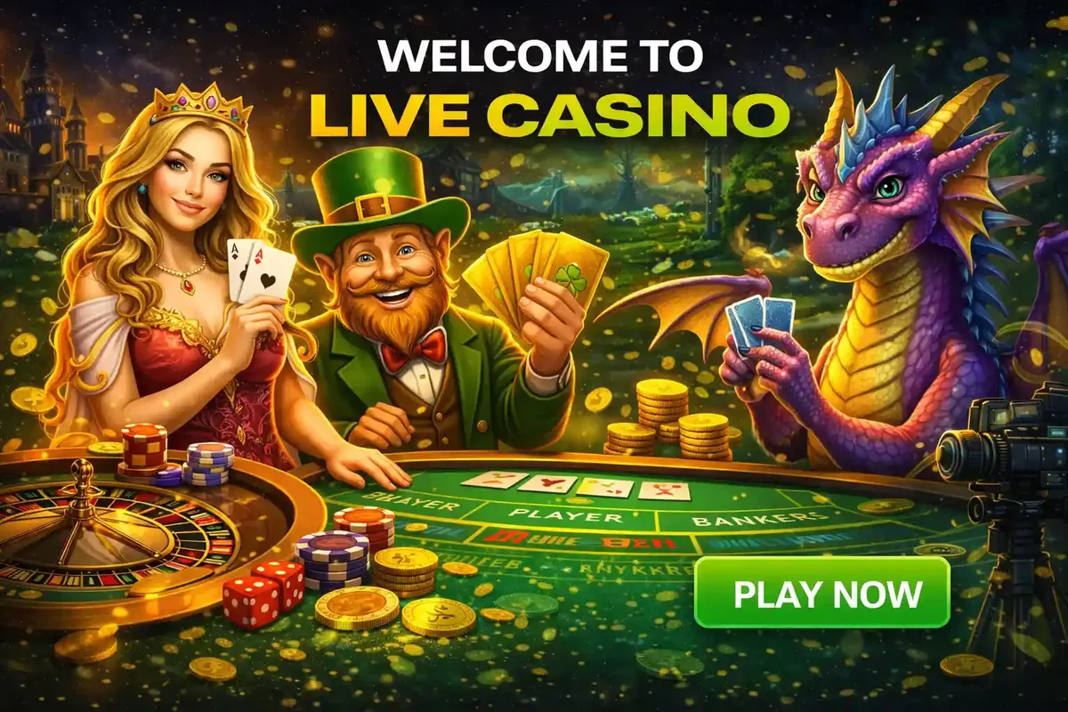 Woman, leprechaun, dragon at a live casino table